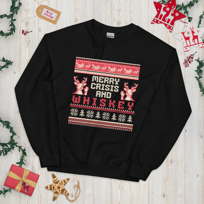 Merry Crisis and Whiskey Christmas Jumper | Funny Xmas | Ugly Holiday Knitwear | Drinking Party Top | Secret Santa Gift