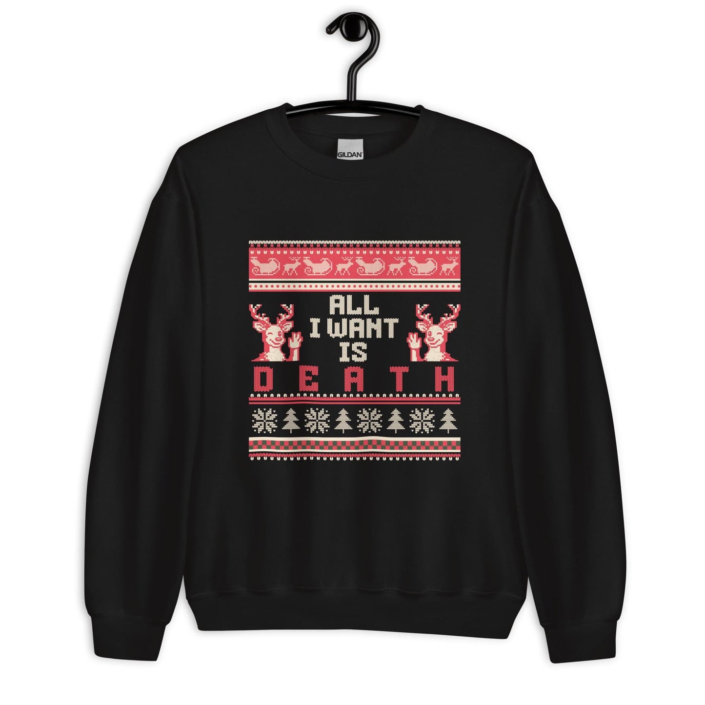 All I Want Is Death Christmas Jumper | Funny Dark Humour Xmas | Ugly Holiday Knitwear | Alternative Gothic Party Outfit
