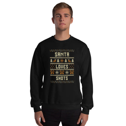 Santa Loves Shots Christmas Jumper | Funny Booze Xmas | Ugly Knitwear for Festive Parties | Secret Santa Drinking Gift