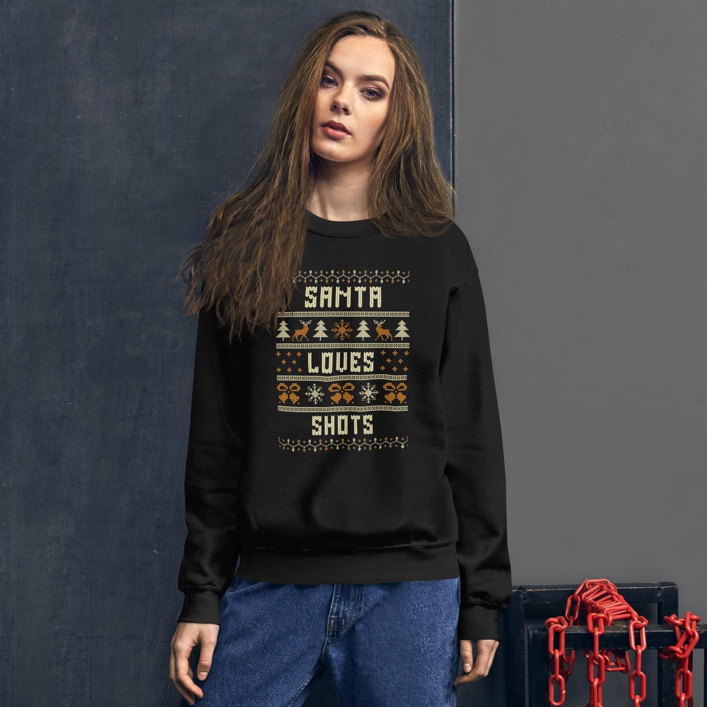Santa Loves Shots Christmas Jumper | Funny Booze Xmas | Ugly Knitwear for Festive Parties | Secret Santa Drinking Gift