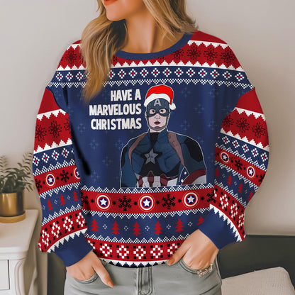 Have A Marvelous Christmas, Captain America Ugly Sweater, Superhero Movie Inspired Ugly Christmas Sweater, Avengers Xmas 2025 Gift