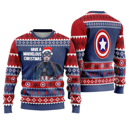 Have A Marvelous Christmas, Captain America Ugly Sweater, Superhero Movie Inspired Ugly Christmas Sweater, Avengers Xmas 2025 Gift