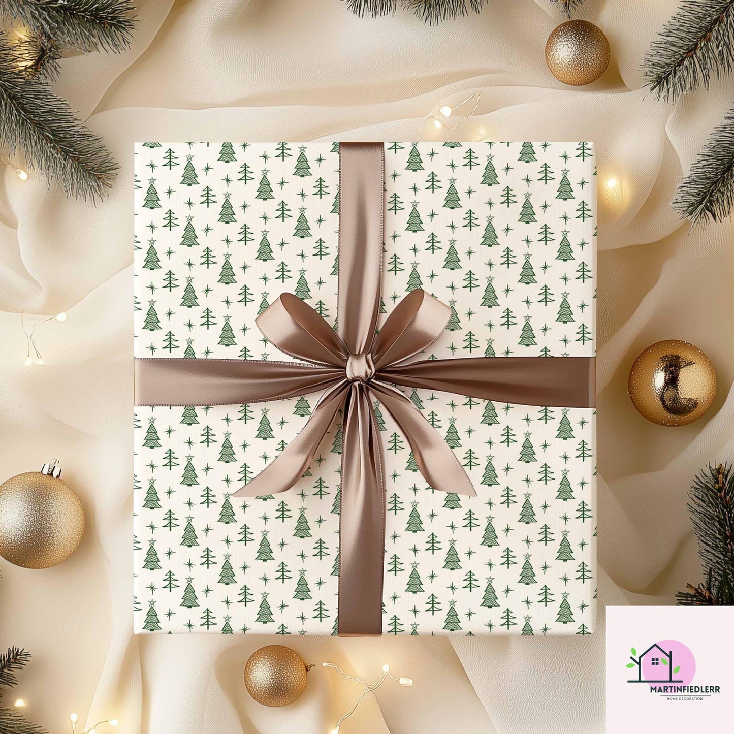 Minimal Christmas Tree Wrapping Paper, White Green Holiday Gift Wrap Sheets, Rustic Winter Forest Packaging, Simple Festive Modern Style