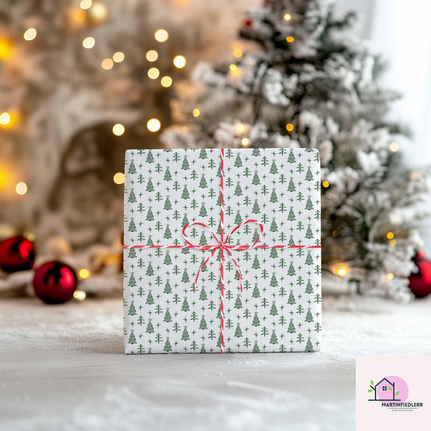 Minimal Christmas Tree Wrapping Paper, White Green Holiday Gift Wrap Sheets, Rustic Winter Forest Packaging, Simple Festive Modern Style