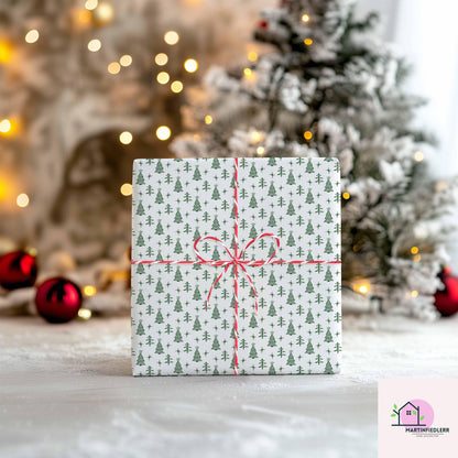 Minimal Christmas Tree Wrapping Paper, White Green Holiday Gift Wrap Sheets, Rustic Winter Forest Packaging, Simple Festive Modern Style