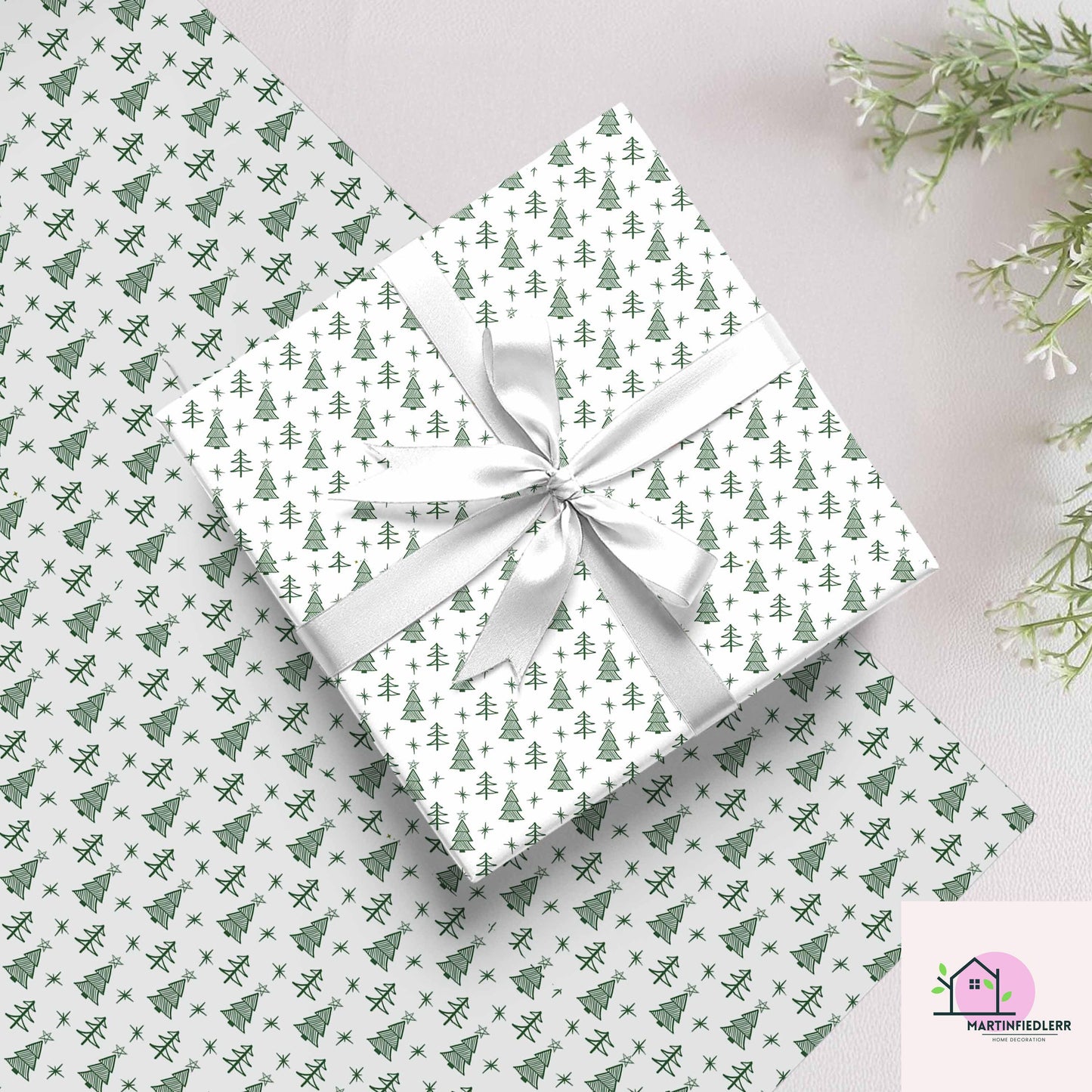 Minimal Christmas Tree Wrapping Paper, White Green Holiday Gift Wrap Sheets, Rustic Winter Forest Packaging, Simple Festive Modern Style