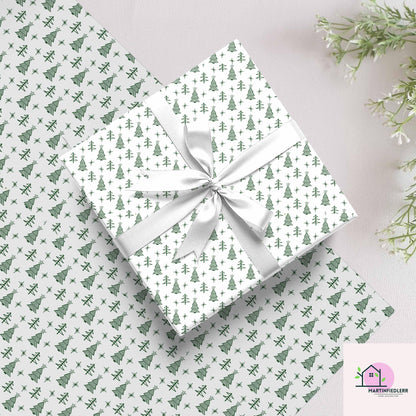 Minimal Christmas Tree Wrapping Paper, White Green Holiday Gift Wrap Sheets, Rustic Winter Forest Packaging, Simple Festive Modern Style
