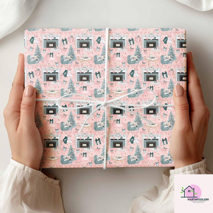 Pastel Pink Christmas Wrapping Paper: Modern Vintage Fireplace Gift Wrap