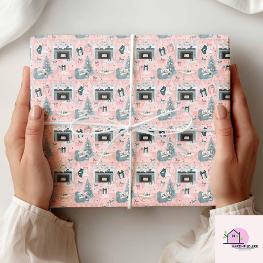 Pastel Pink Christmas Wrapping Paper: Modern Vintage Fireplace Gift Wrap