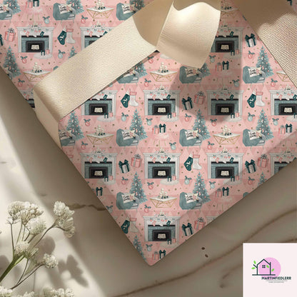 Pastel Pink Christmas Wrapping Paper: Modern Vintage Fireplace Gift Wrap