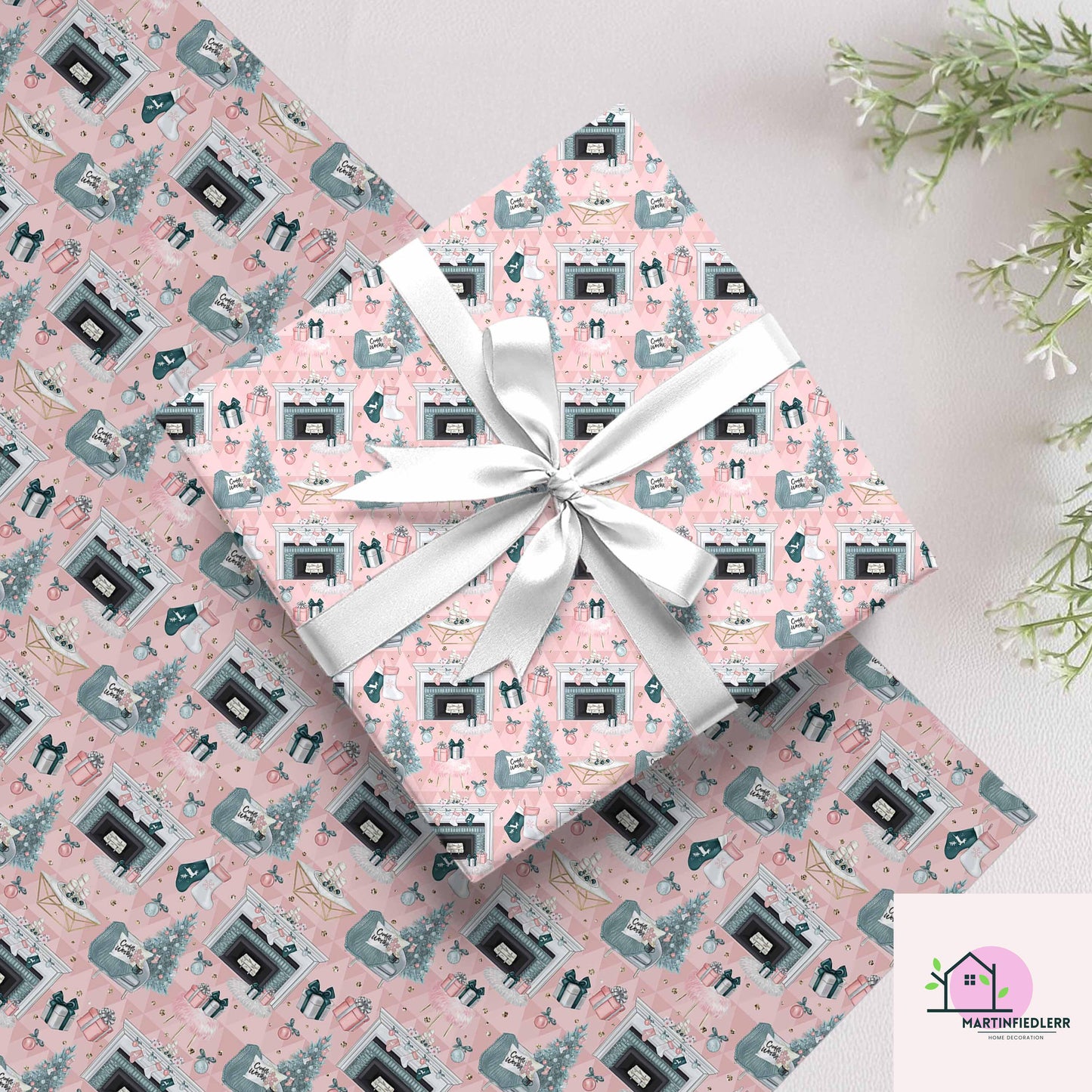 Pastel Pink Christmas Wrapping Paper: Modern Vintage Fireplace Gift Wrap