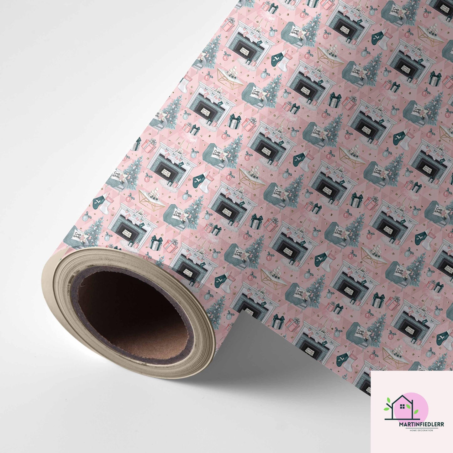 Pastel Pink Christmas Wrapping Paper: Modern Vintage Fireplace Gift Wrap