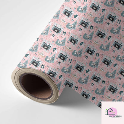 Pastel Pink Christmas Wrapping Paper: Modern Vintage Fireplace Gift Wrap