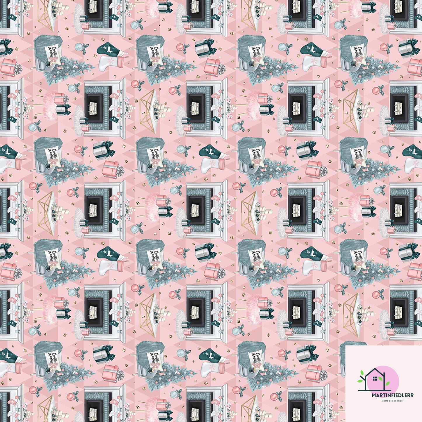 Pastel Pink Christmas Wrapping Paper: Modern Vintage Fireplace Gift Wrap
