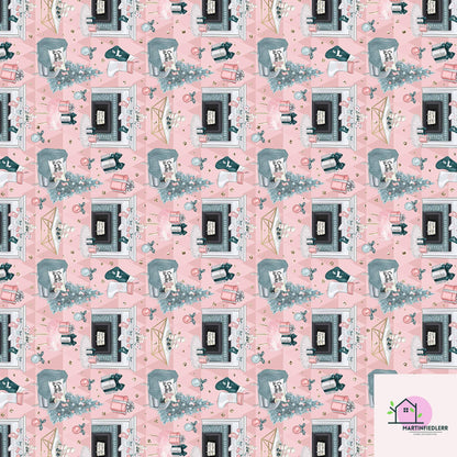 Pastel Pink Christmas Wrapping Paper: Modern Vintage Fireplace Gift Wrap