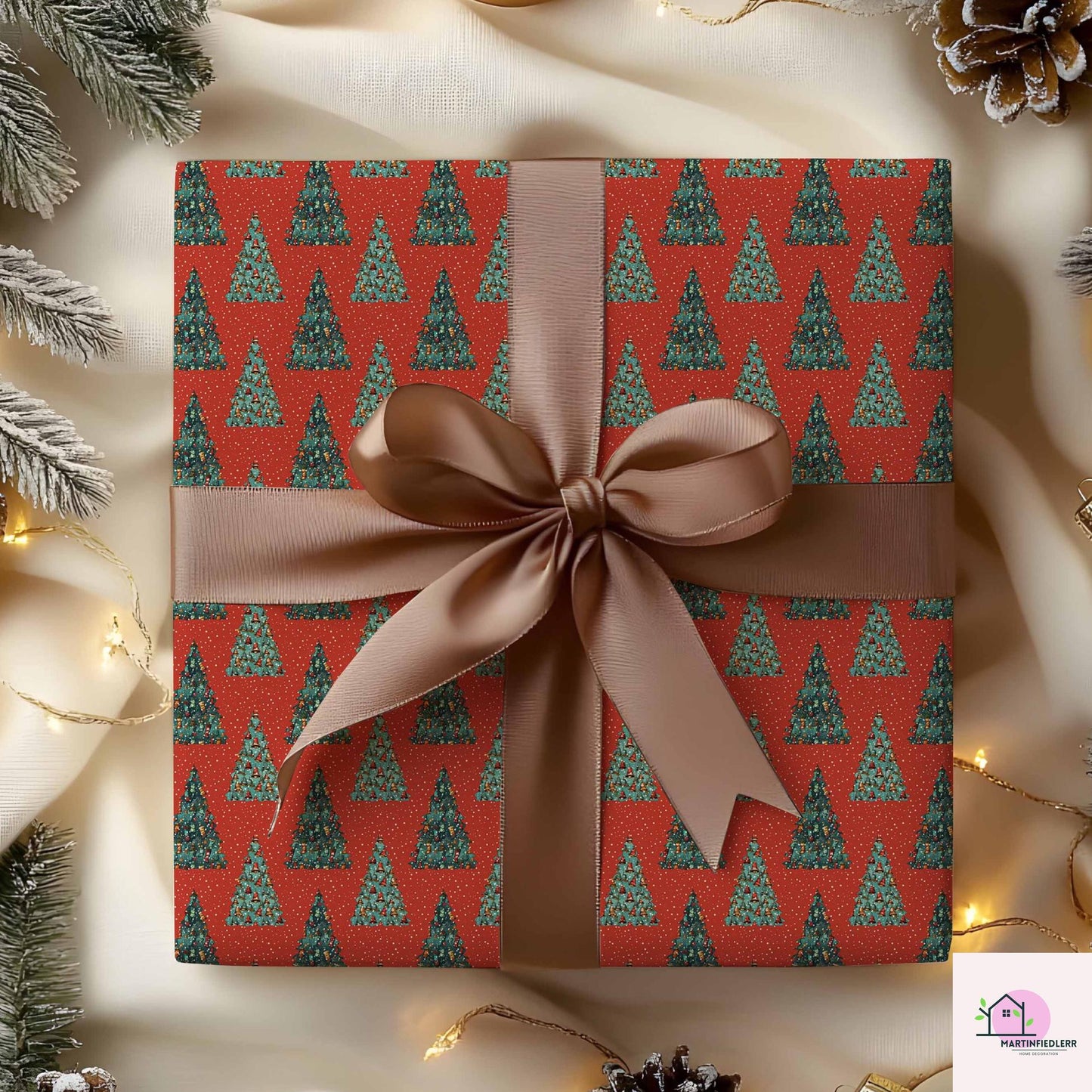 Red Christmas Tree Wrapping Paper, Holiday Gift Wrap Sheets, Festive Green Pine Forest Packaging, Traditional Winter Seasonal Style