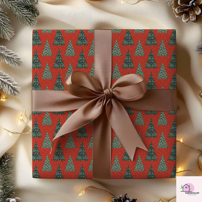 Red Christmas Tree Wrapping Paper, Holiday Gift Wrap Sheets, Festive Green Pine Forest Packaging, Traditional Winter Seasonal Style