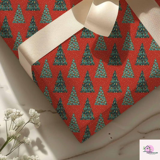Red Christmas Tree Wrapping Paper, Holiday Gift Wrap Sheets, Festive Green Pine Forest Packaging, Traditional Winter Seasonal Style