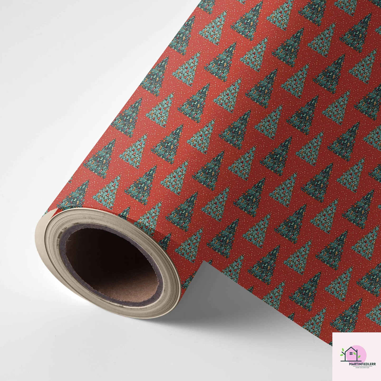 Red Christmas Tree Wrapping Paper, Holiday Gift Wrap Sheets, Festive Green Pine Forest Packaging, Traditional Winter Seasonal Style