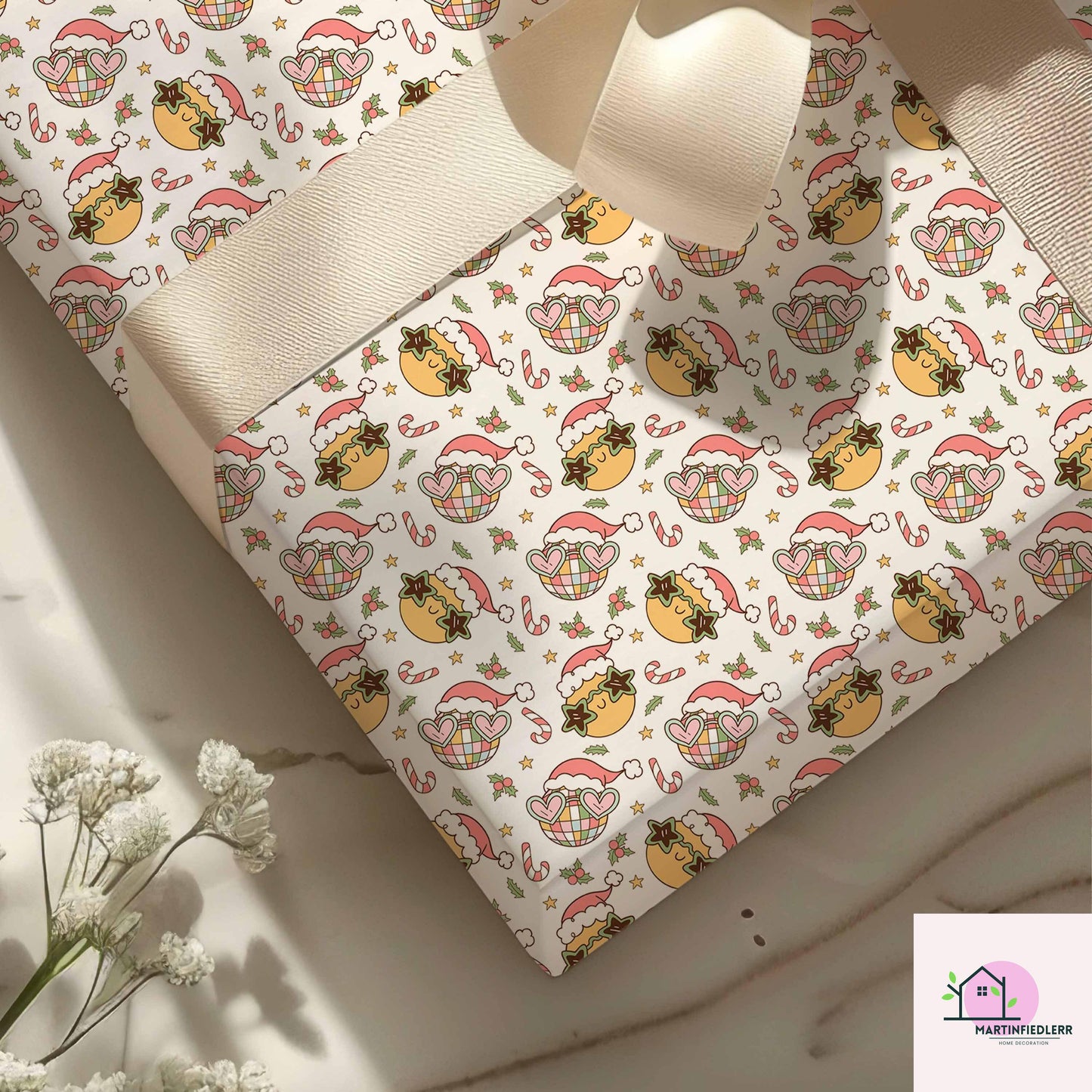 Christmas Ornament Wrapping Paper, Golden Bell Holiday Gift Wrap Sheets, Candy Cane Star Packaging, Festive Pink Red Green Style