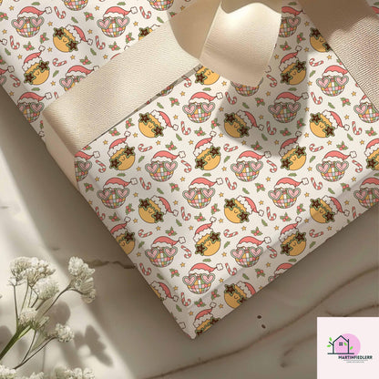 Christmas Ornament Wrapping Paper, Golden Bell Holiday Gift Wrap Sheets, Candy Cane Star Packaging, Festive Pink Red Green Style