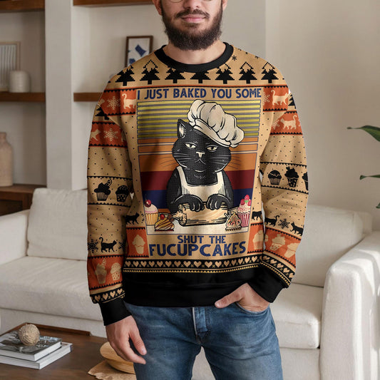 Funny Cat Ugly Christmas Sweater Shut The Fucupcakes Holiday Sweatshirt, Black Cat Baker Xmas Jumper Sweater Gift for Cat Lovers Bakers