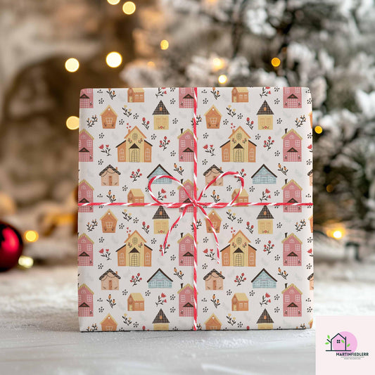 Christmas Village Wrapping Paper, Colorful Cottage Holiday Gift Wrap Sheets, Rustic Winter House Pattern Packaging, Festive Vintage Style