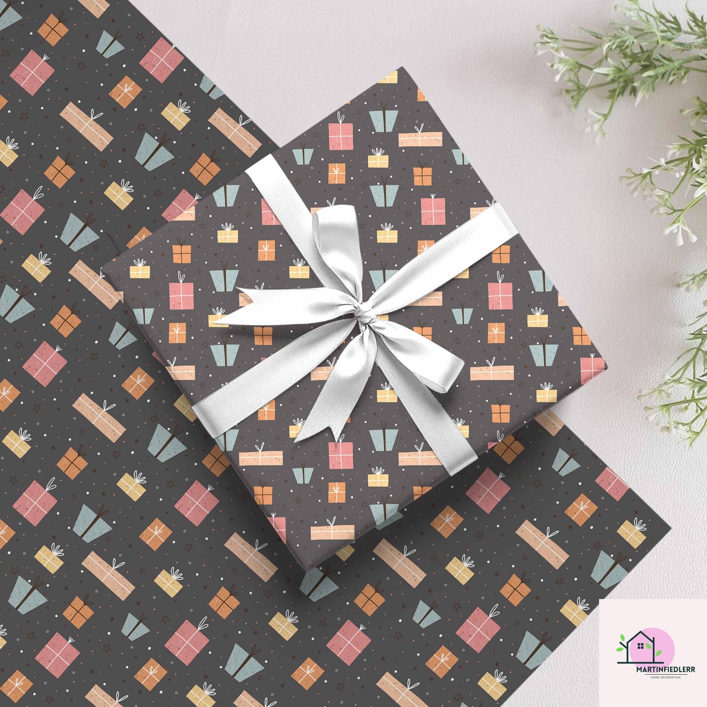 Christmas Gift Wrapping Paper: Pastel Boxes on Charcoal, Festive Holiday Style