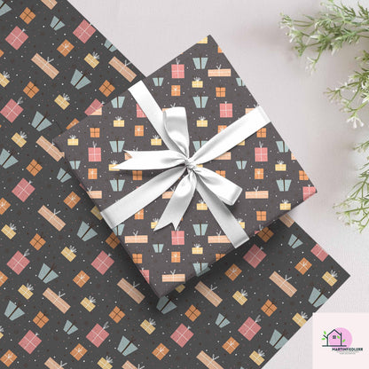Christmas Gift Wrapping Paper: Pastel Boxes on Charcoal, Festive Holiday Style