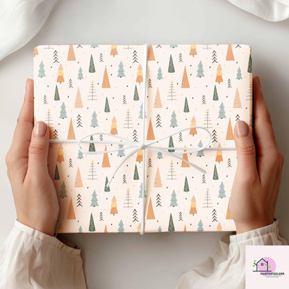 Scandinavian Christmas Tree Wrapping Paper, Minimal Holiday Gift Wrap Sheets, Modern Rustic Winter Packaging, Festive Colorful Style