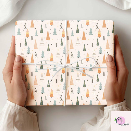 Scandinavian Christmas Tree Wrapping Paper, Minimal Holiday Gift Wrap Sheets, Modern Rustic Winter Packaging, Festive Colorful Style