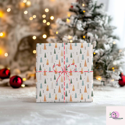 Scandinavian Christmas Tree Wrapping Paper, Minimal Holiday Gift Wrap Sheets, Modern Rustic Winter Packaging, Festive Colorful Style