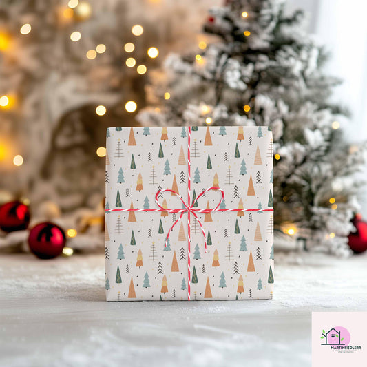 Scandinavian Christmas Tree Wrapping Paper, Minimal Holiday Gift Wrap Sheets, Modern Rustic Winter Packaging, Festive Colorful Style