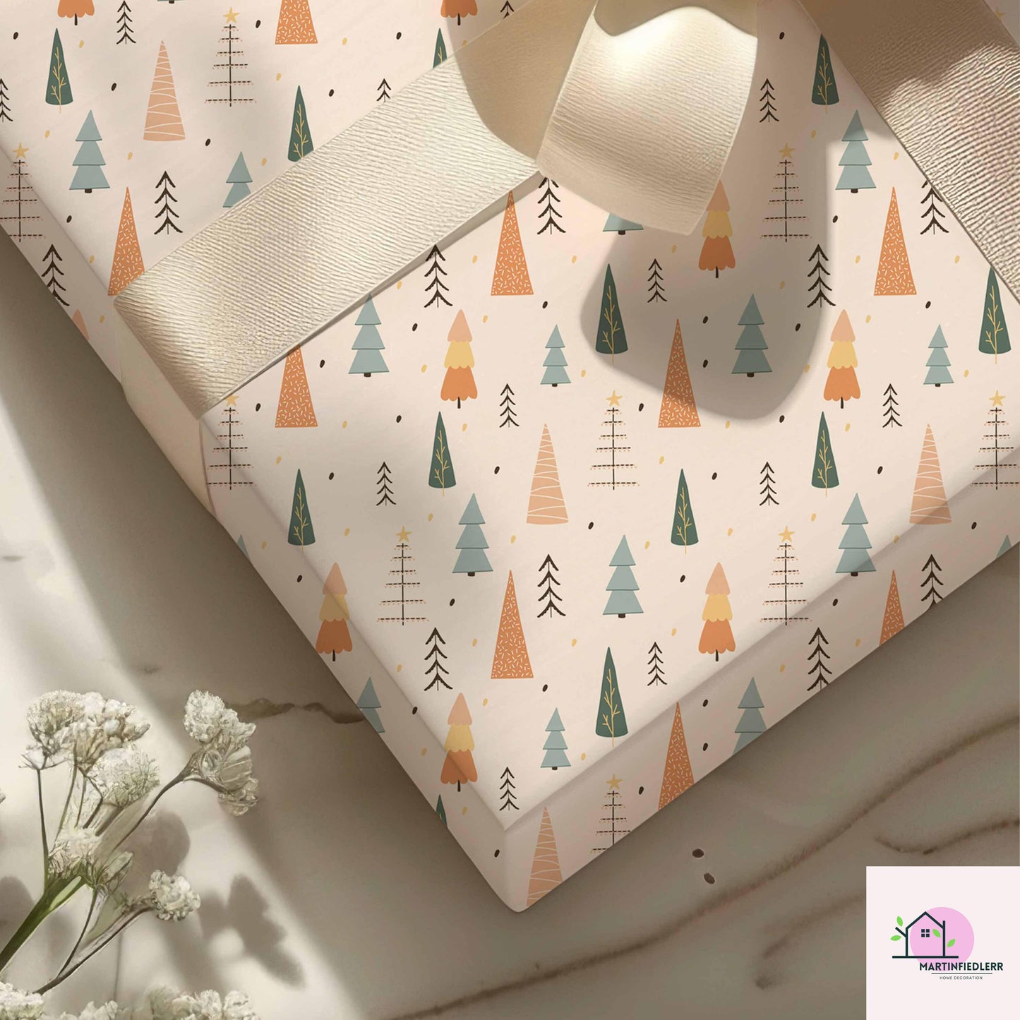 Scandinavian Christmas Tree Wrapping Paper, Minimal Holiday Gift Wrap Sheets, Modern Rustic Winter Packaging, Festive Colorful Style