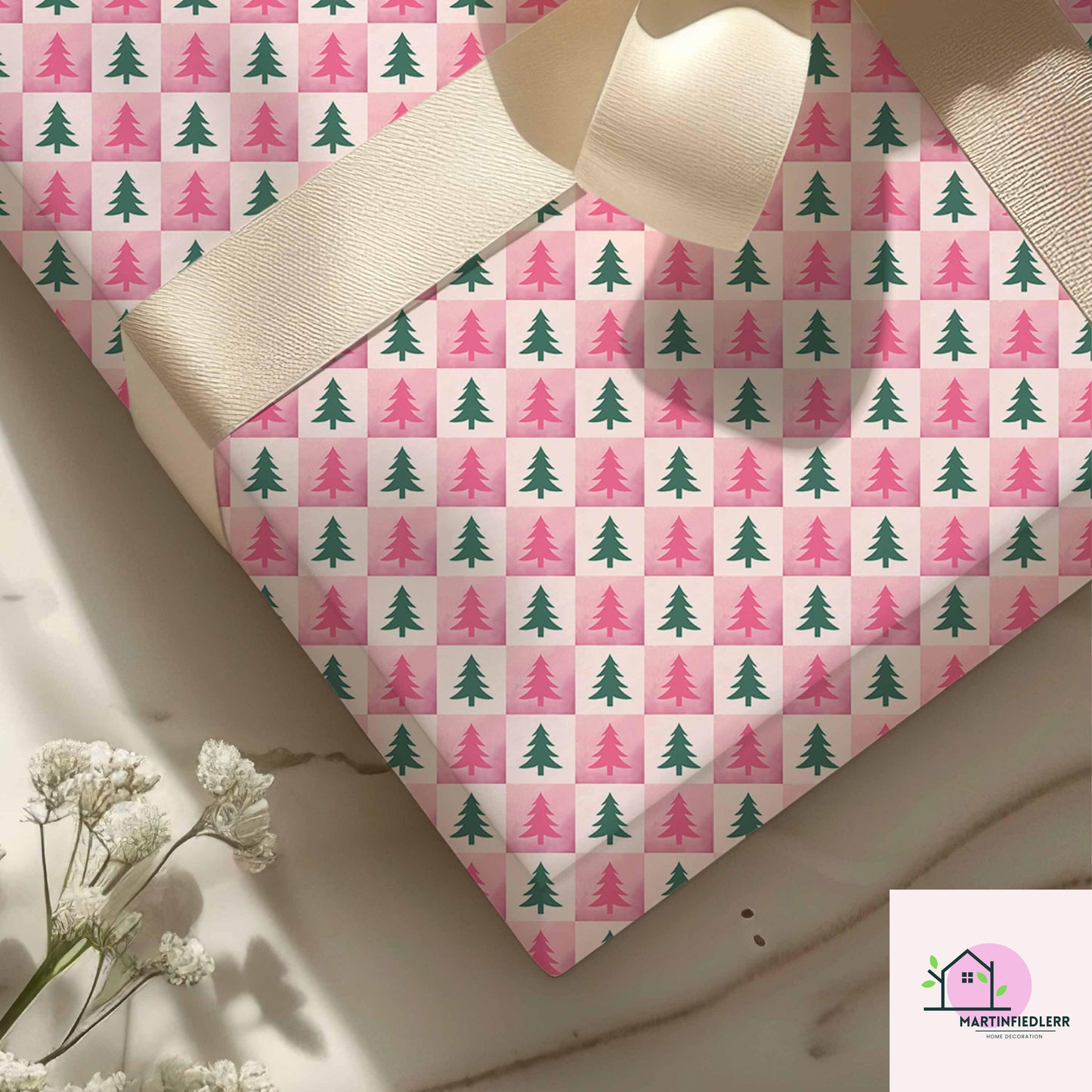 Pink Christmas Tree Wrapping Paper, Modern Holiday Gift Wrap Sheets, Festive Green Pine Pattern Packaging, Playful Winter Party Style