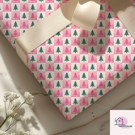 Pink Christmas Tree Wrapping Paper, Modern Holiday Gift Wrap Sheets, Festive Green Pine Pattern Packaging, Playful Winter Party Style