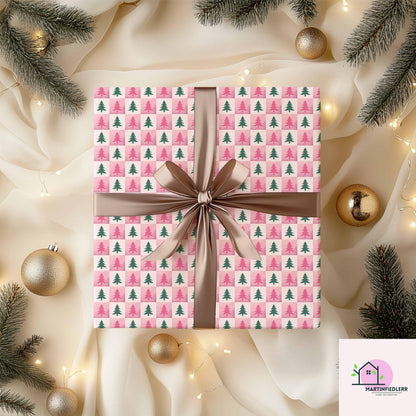 Pink Christmas Tree Wrapping Paper, Modern Holiday Gift Wrap Sheets, Festive Green Pine Pattern Packaging, Playful Winter Party Style