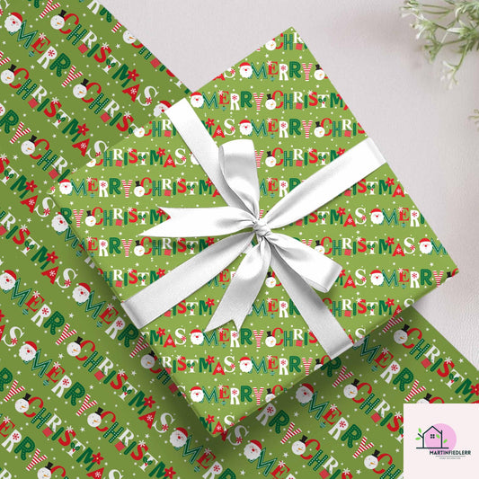 Green Christmas Wrapping Paper: Santa, Tree, Candy Cane Design