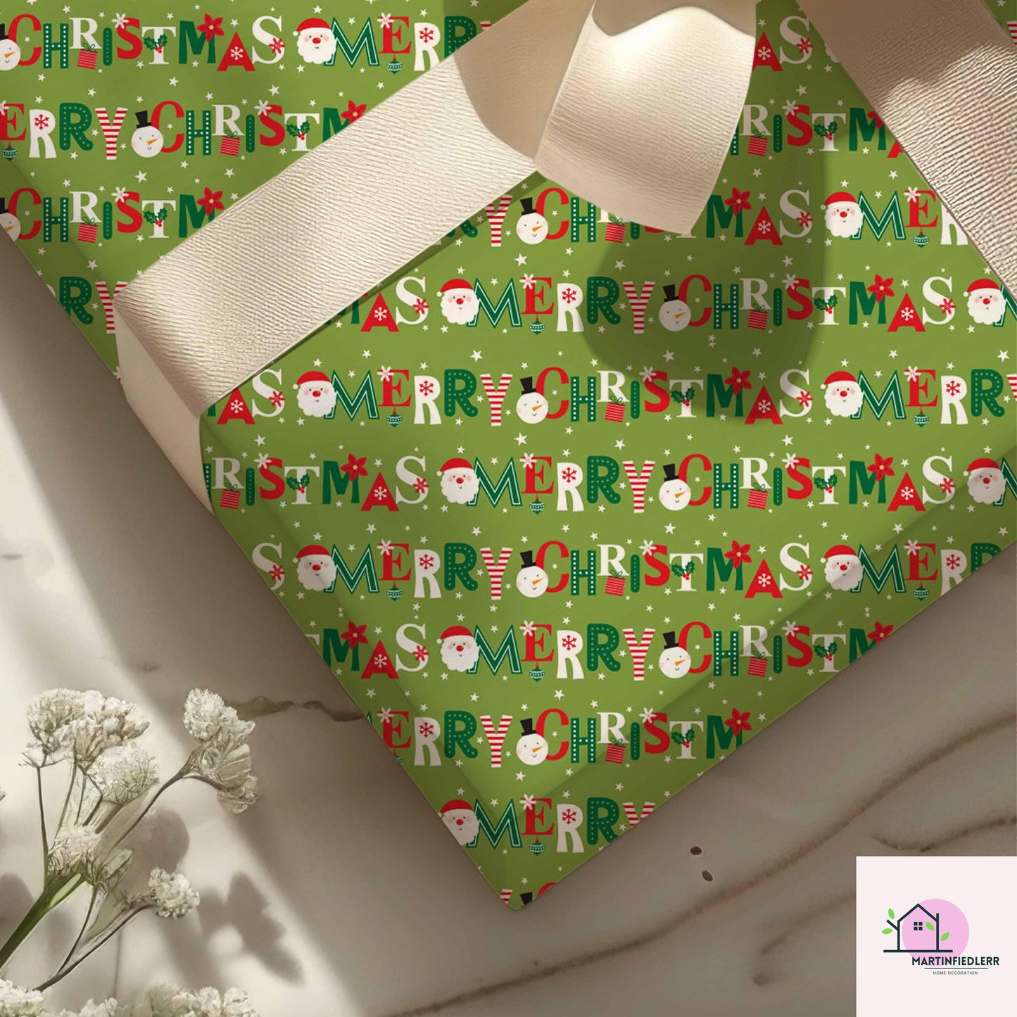 Green Christmas Wrapping Paper: Santa, Tree, Candy Cane Design
