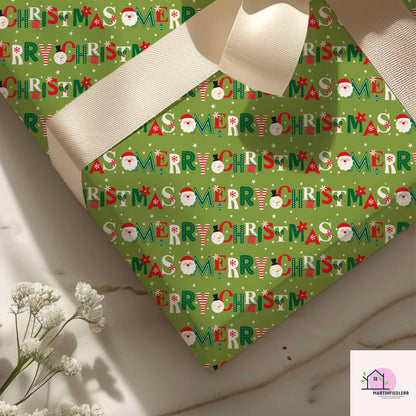 Green Christmas Wrapping Paper: Santa, Tree, Candy Cane Design