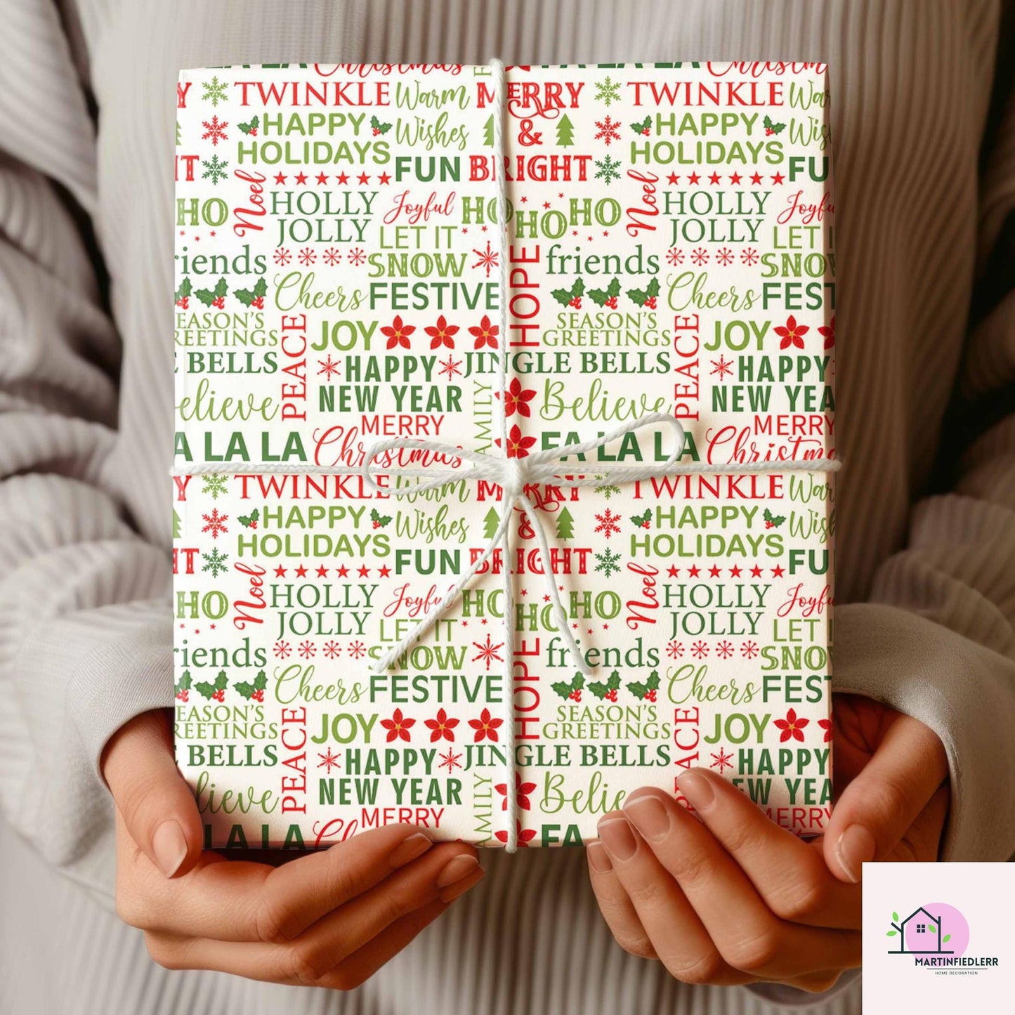 Christmas Typography Wrapping Paper, Holiday Word Art Gift Wrap Sheets, Red Green Lettering Packaging, Festive Modern Winter Party Style