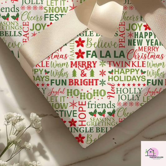 Christmas Typography Wrapping Paper, Holiday Word Art Gift Wrap Sheets, Red Green Lettering Packaging, Festive Modern Winter Party Style
