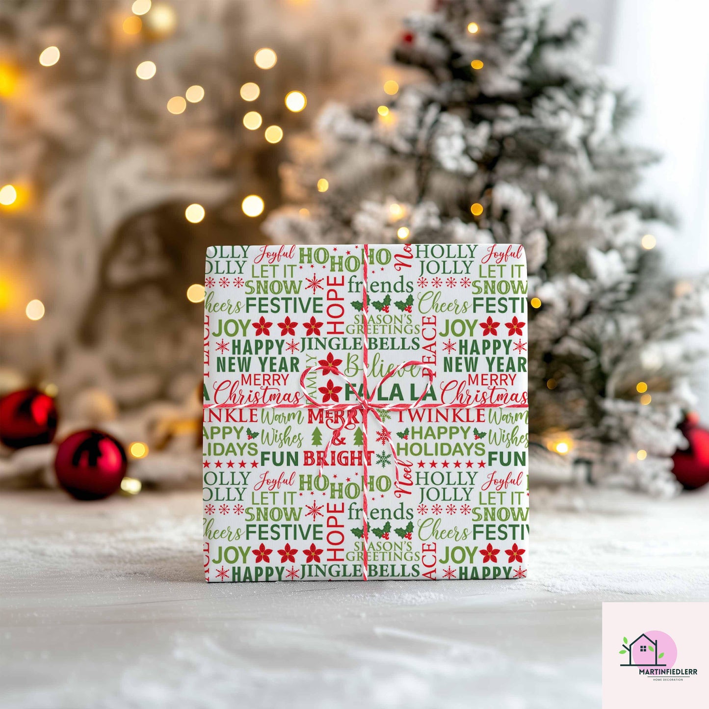 Christmas Typography Wrapping Paper, Holiday Word Art Gift Wrap Sheets, Red Green Lettering Packaging, Festive Modern Winter Party Style