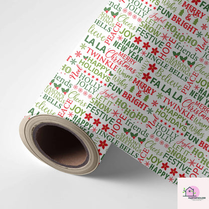 Christmas Typography Wrapping Paper, Holiday Word Art Gift Wrap Sheets, Red Green Lettering Packaging, Festive Modern Winter Party Style