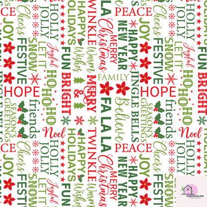 Christmas Typography Wrapping Paper, Holiday Word Art Gift Wrap Sheets, Red Green Lettering Packaging, Festive Modern Winter Party Style