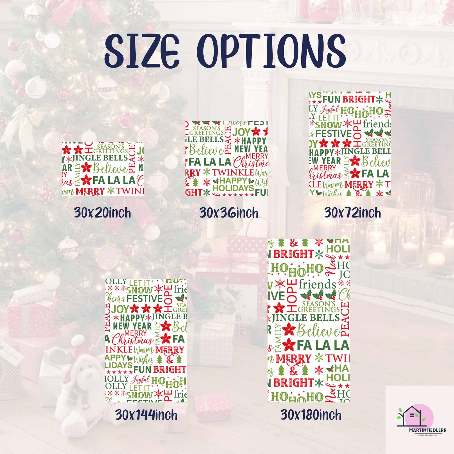 Christmas Typography Wrapping Paper, Holiday Word Art Gift Wrap Sheets, Red Green Lettering Packaging, Festive Modern Winter Party Style