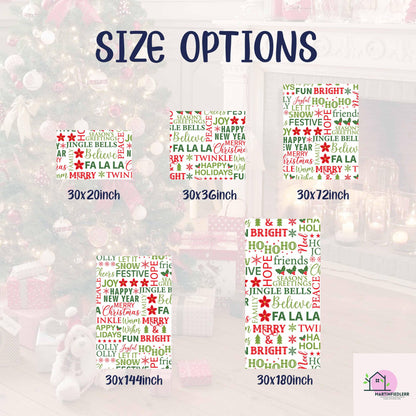 Christmas Typography Wrapping Paper, Holiday Word Art Gift Wrap Sheets, Red Green Lettering Packaging, Festive Modern Winter Party Style