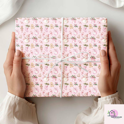 Pink Christmas Wrapping Paper: Snowman & Gingerbread Design