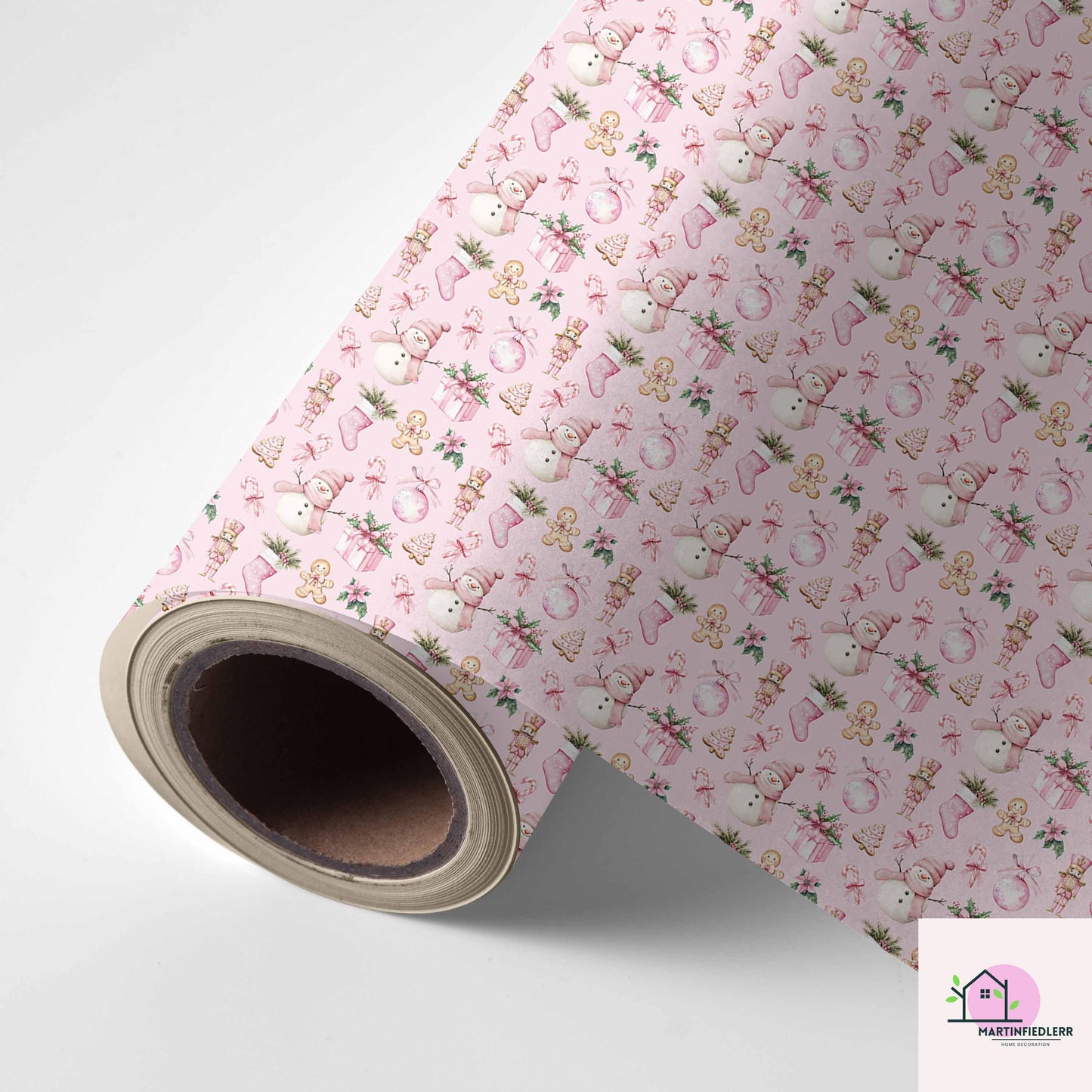 Pink Christmas Wrapping Paper: Snowman & Gingerbread Design