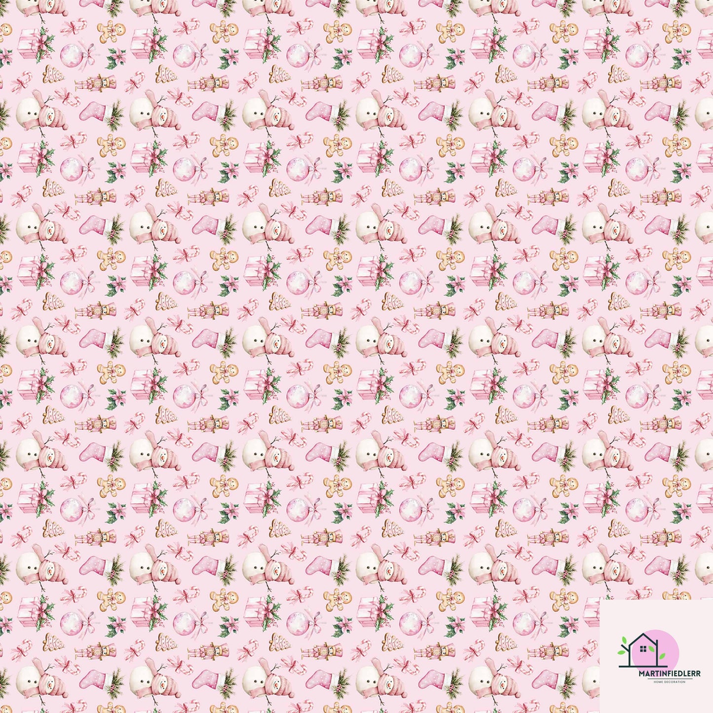 Pink Christmas Wrapping Paper: Snowman & Gingerbread Design